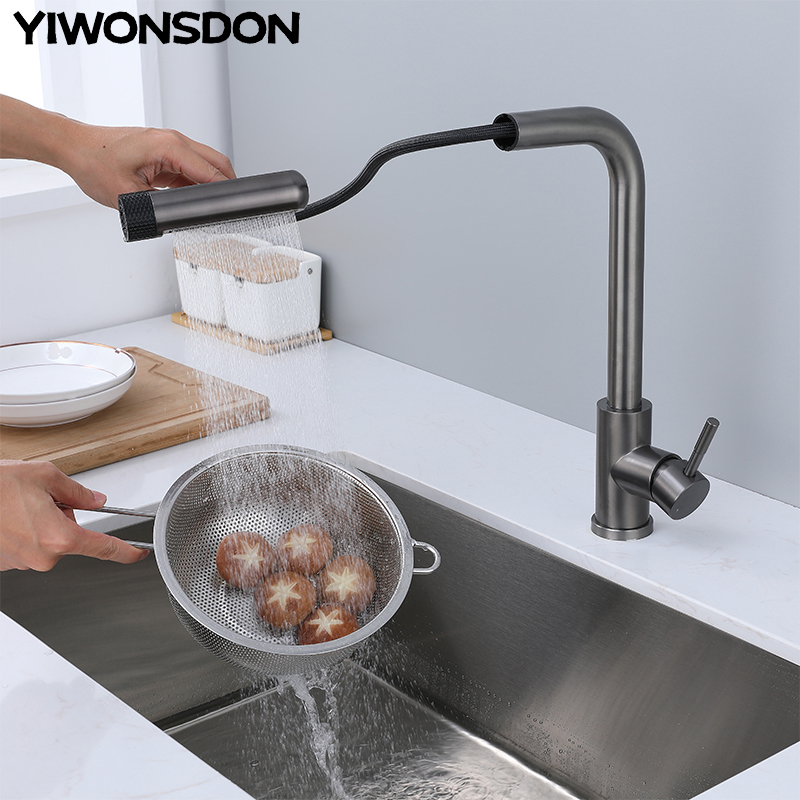Commercial Kitchen Mixer Tap - 6 Mode Gray Kitchen Faucets Pull